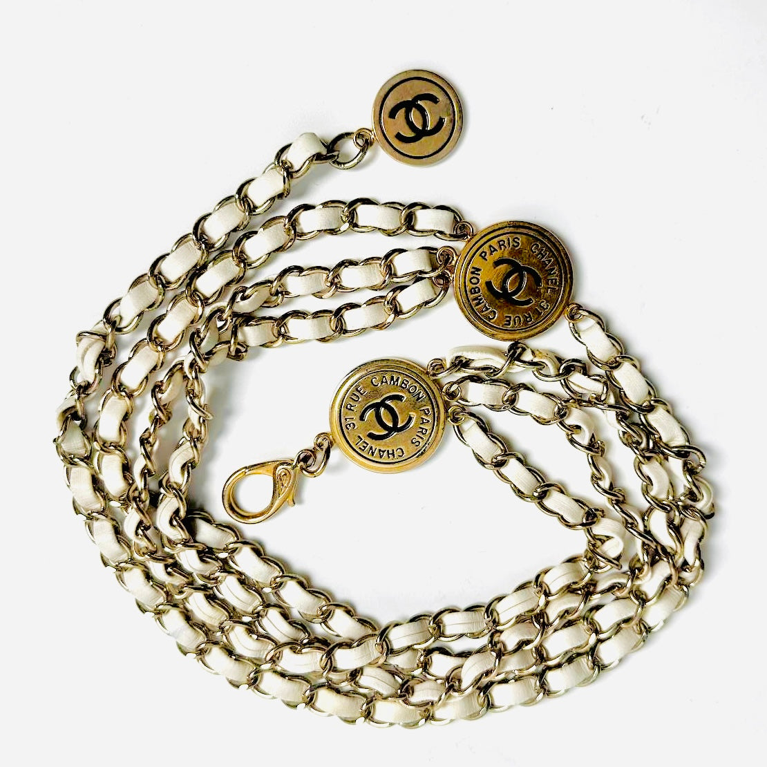 Chanel CC White GHW Gold Giant Multiple Monogram Logo Chain Leather Layered Triple Iconic Belt