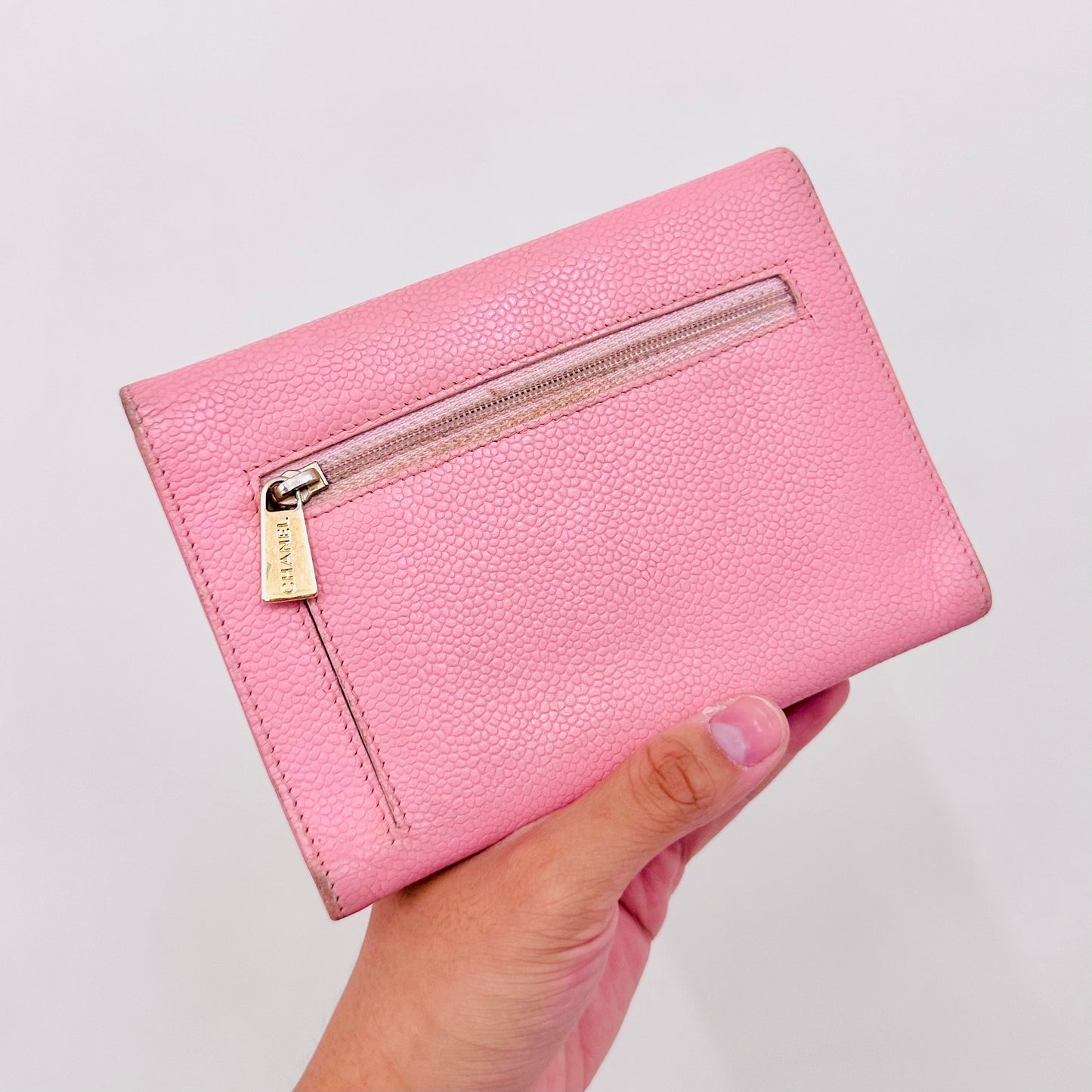 Chanel Sakura Pink GHW Giant CC Monogram Logo Caviar Vintage Compact Trifold Flap Wallet 8s