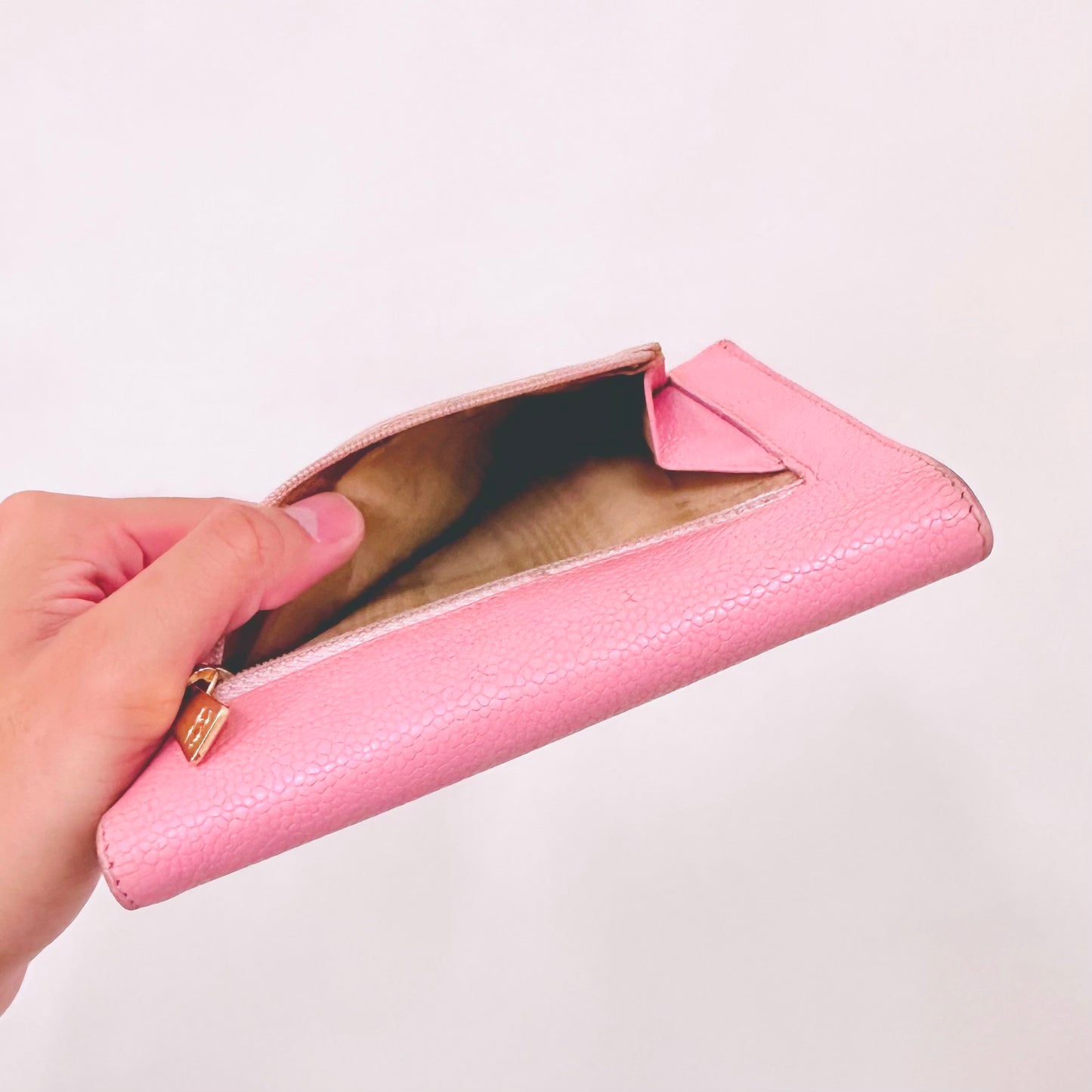 Chanel Sakura Pink GHW Giant CC Monogram Logo Caviar Vintage Compact Trifold Flap Wallet 8s