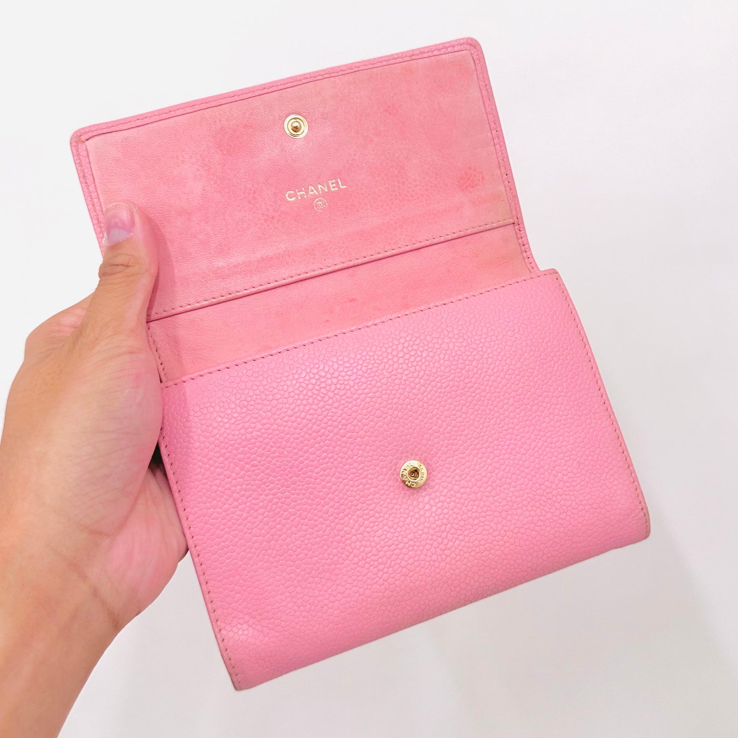 Chanel Sakura Pink GHW Giant CC Monogram Logo Caviar Vintage Compact Trifold Flap Wallet 8s