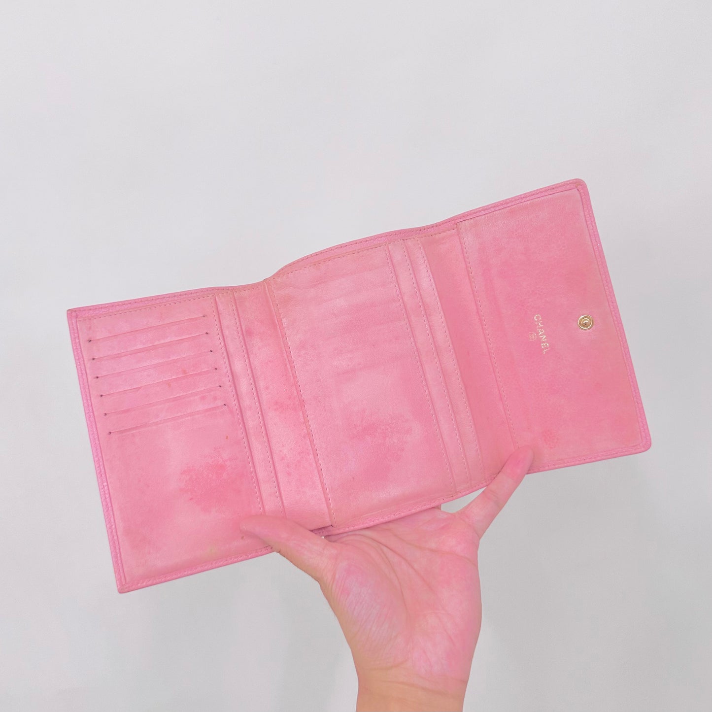 Chanel Sakura Pink GHW Giant CC Monogram Logo Caviar Vintage Compact Trifold Flap Wallet 8s