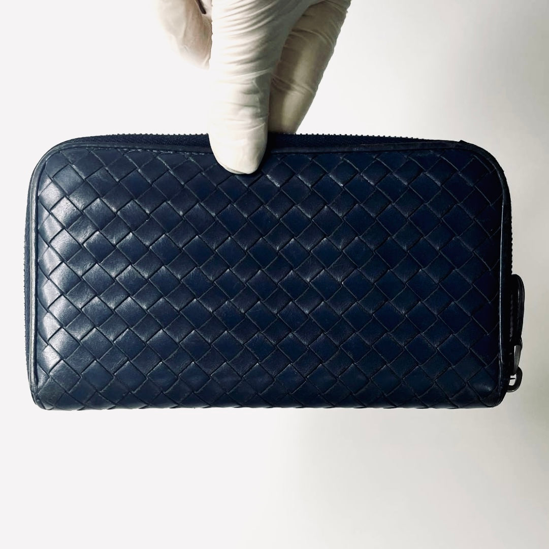 Bottega Veneta BV Continental Navy Blue Intrecciato Nappa Woven Leather Zip Around Zippy Long Wallet