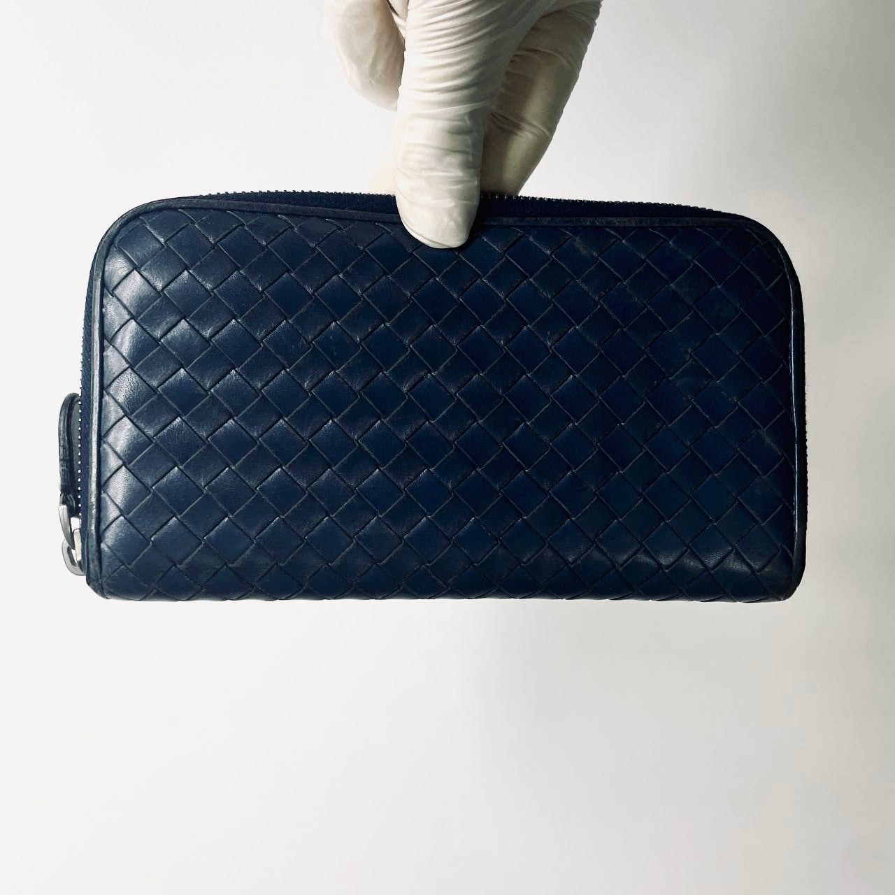 Bottega Veneta BV Continental Navy Blue Intrecciato Nappa Woven Leather Zip Around Zippy Long Wallet