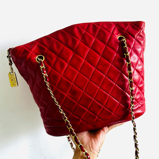 Chanel Cherry Red GHW Giant CC Logo Charm Medallion Quilted Lambskin Vintage Shoulder Sling Tote Bag 1s
