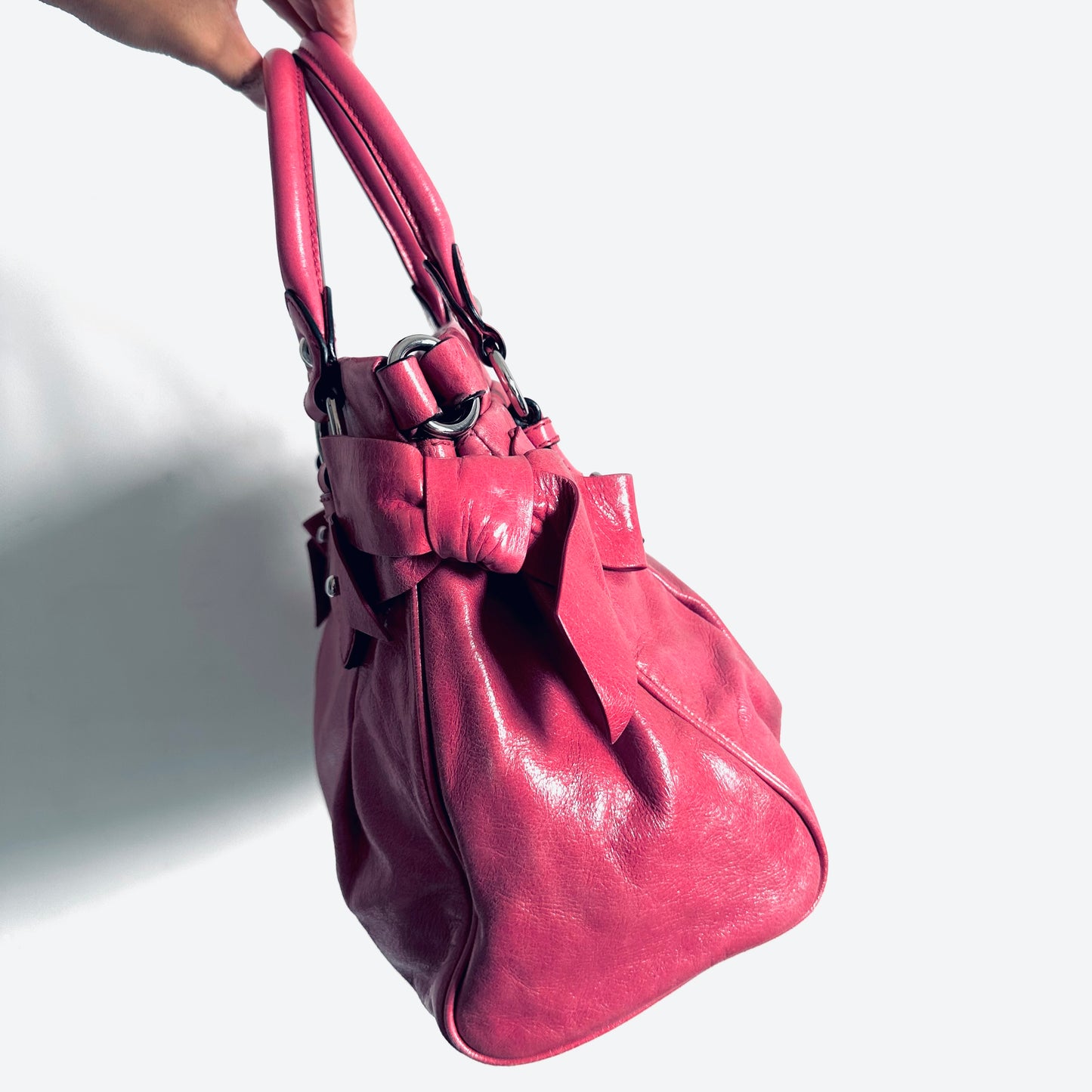 Miu Miu Pink Vitello Bow Lux Small Leather Classic Logo 2-Way Shopper Shoulder Tote Bag
