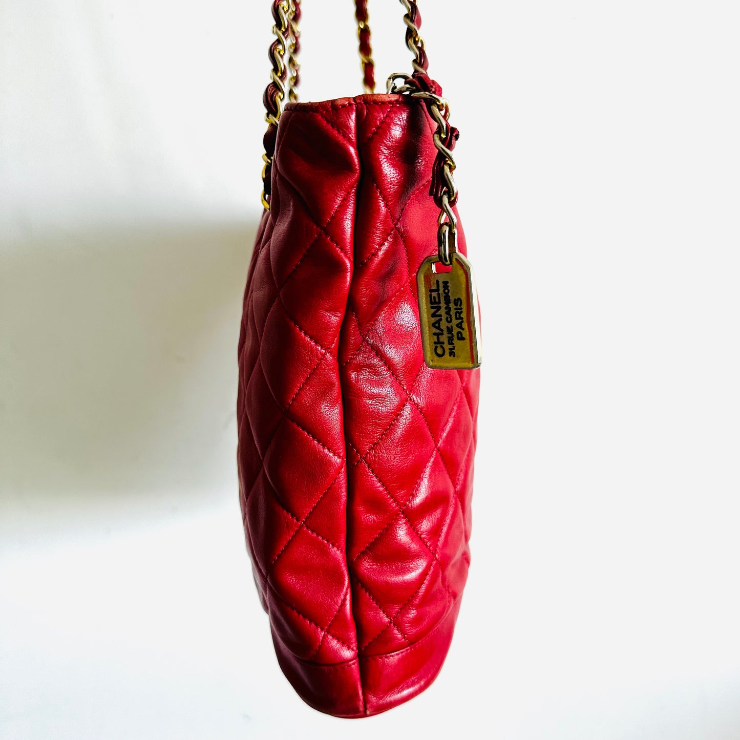 Chanel Cherry Red GHW Giant CC Logo Charm Medallion Quilted Lambskin Vintage Shoulder Sling Tote Bag 1s