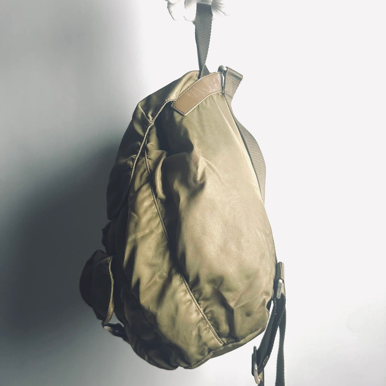 Prada Khaki Tessuto Classic Logo Nylon & Leather Backpack Drawstring Bag