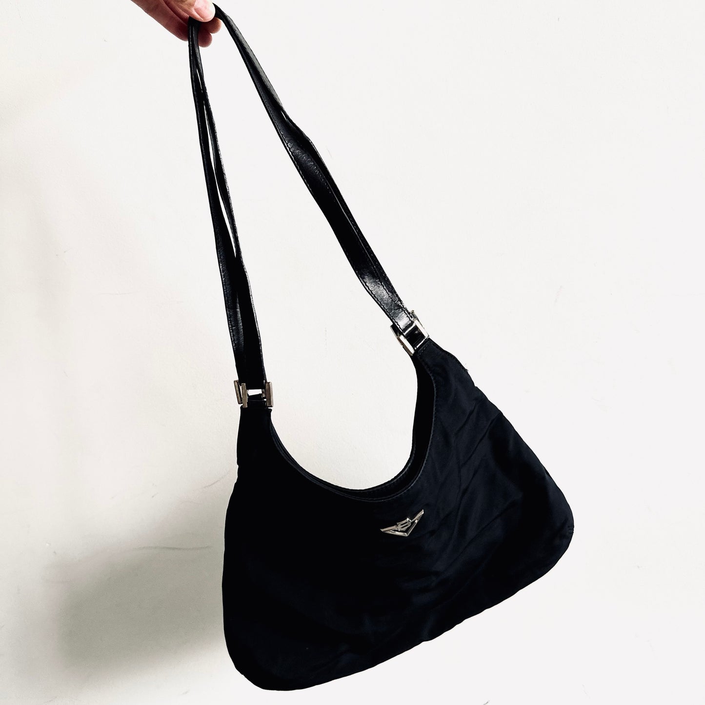 Bottega Veneta BV Black Hobo Baguette Nylon & Leather Shoulder Sling Bag