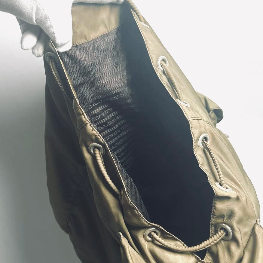 Prada Khaki Tessuto Classic Logo Nylon & Leather Backpack Drawstring Bag
