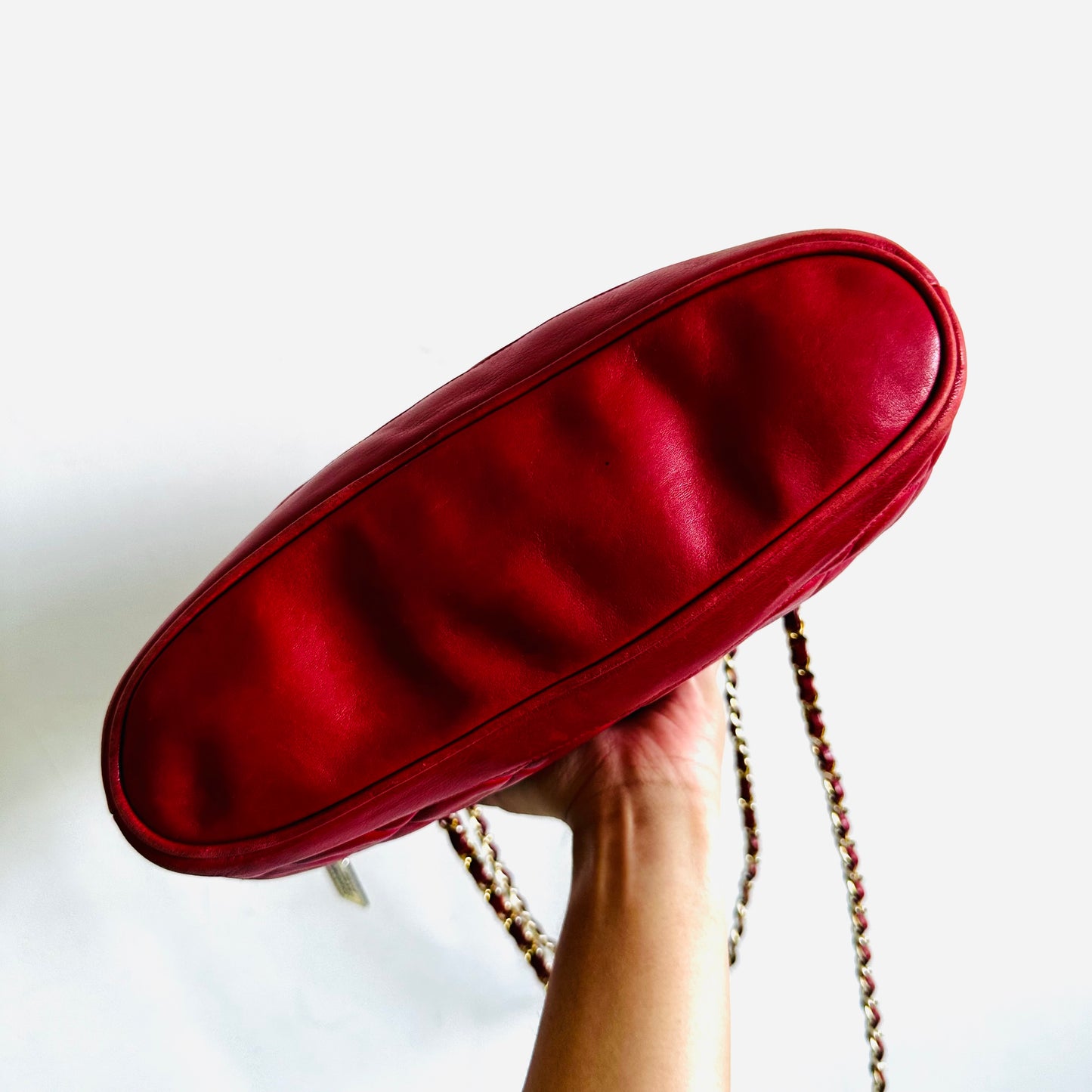 Chanel Cherry Red GHW Giant CC Logo Charm Medallion Quilted Lambskin Vintage Shoulder Sling Tote Bag 1s
