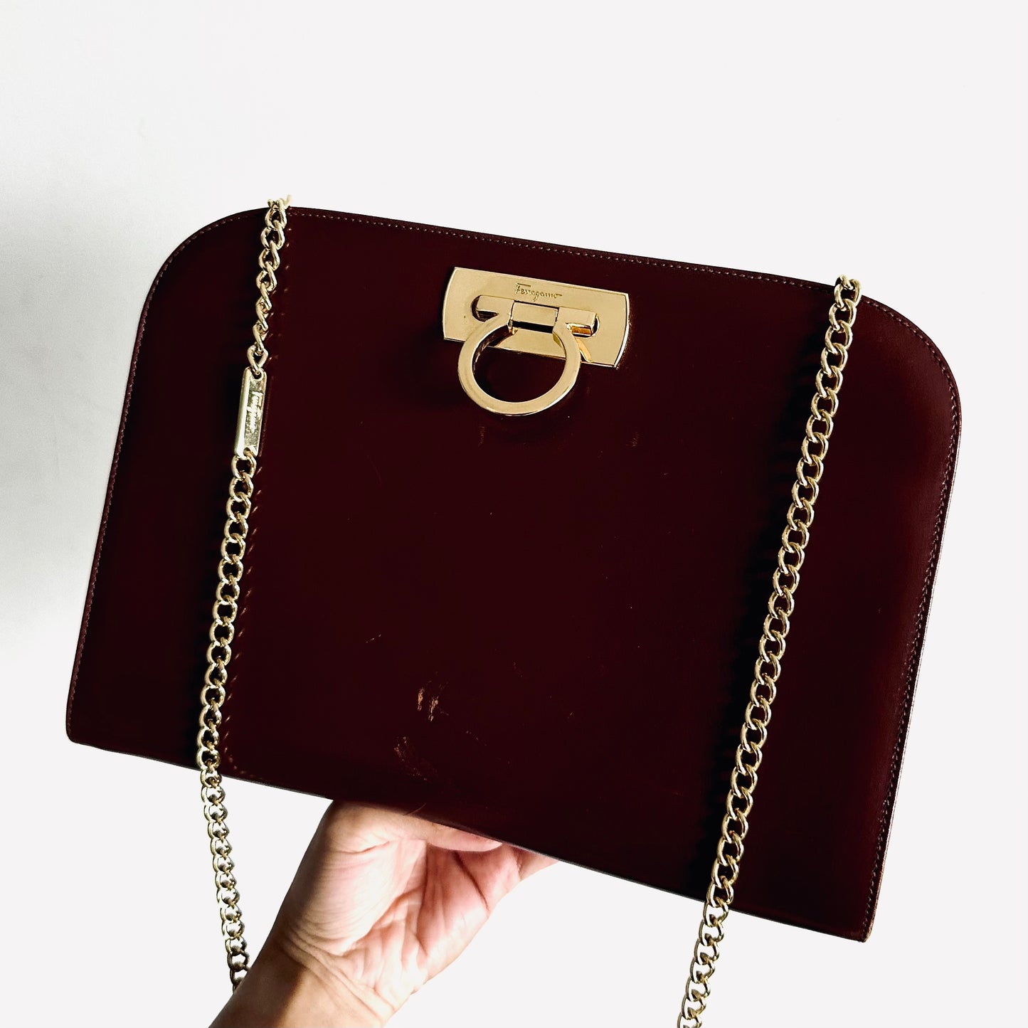 Salvatore Ferragamo Gancini Maroon Burgundy GHW Smooth Leather Chain Shoulder Sling Bag
