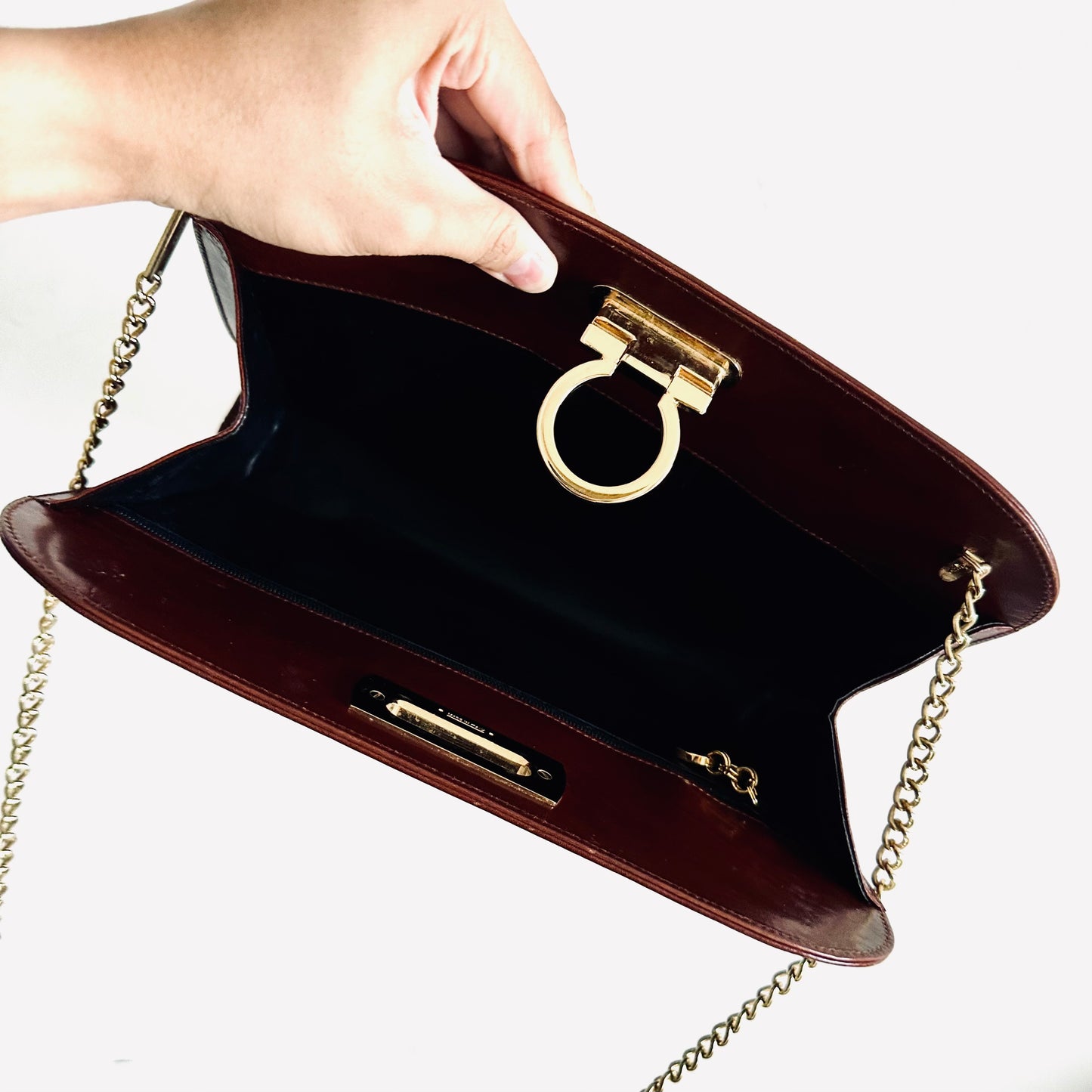 Salvatore Ferragamo Gancini Maroon Burgundy GHW Smooth Leather Chain Shoulder Sling Bag