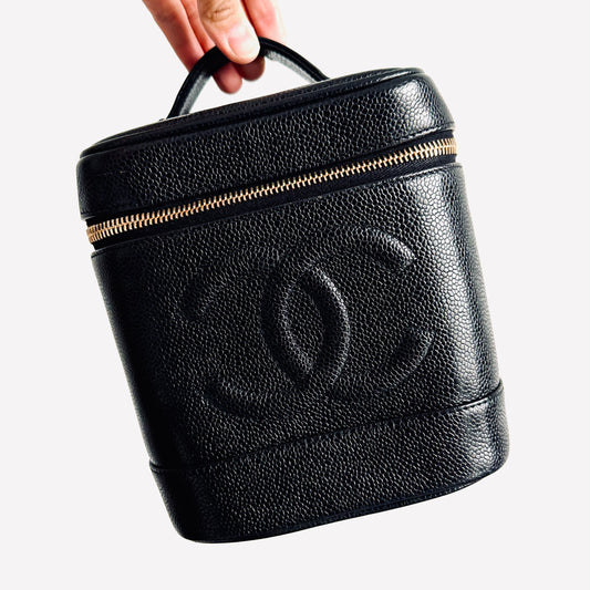 Chanel Black GHW Giant CC Monogram Logo Caviar Leather Vertical Tall Vanity Case Vintage Top Handle Bag 6s