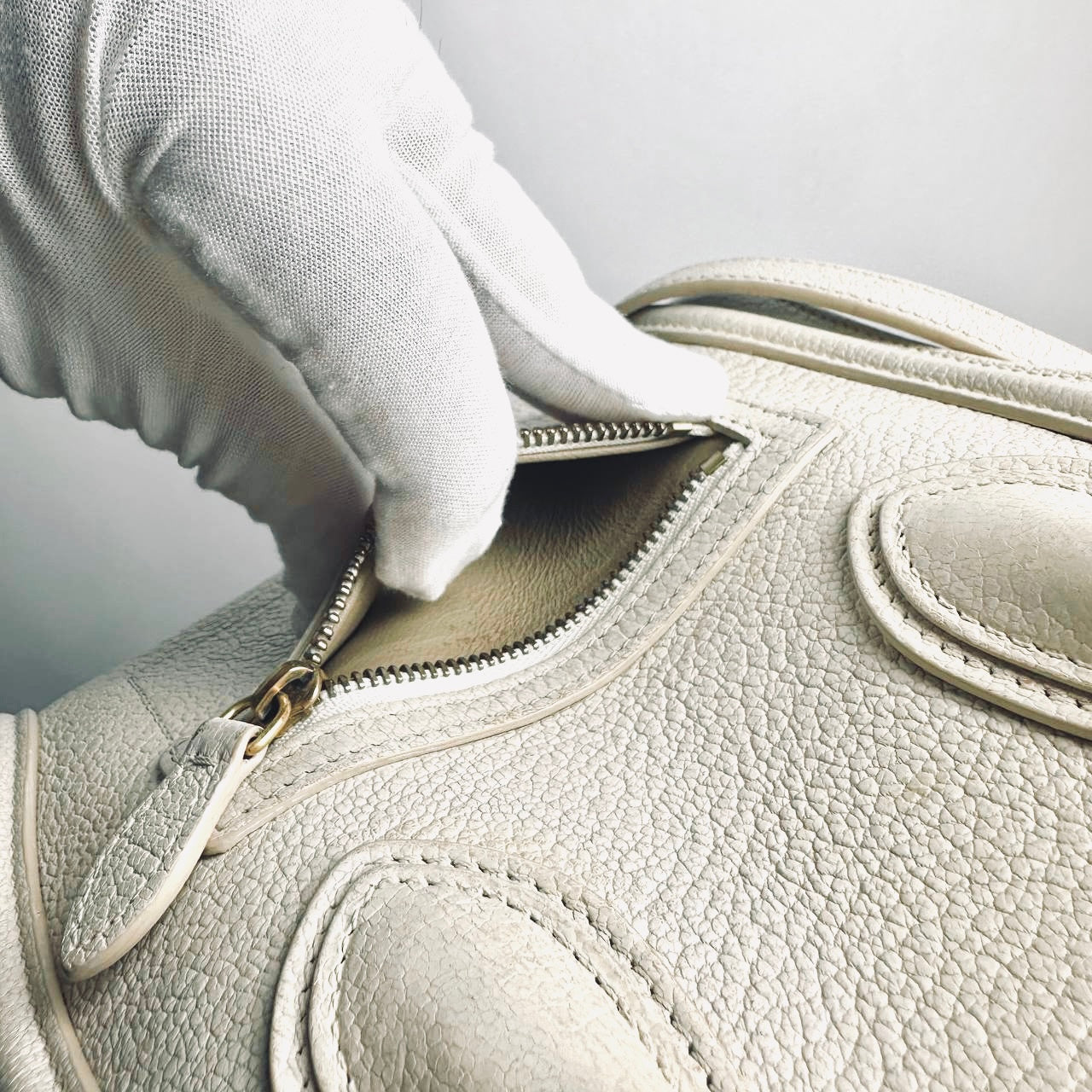 Celine Nano Luggage White GHW Grained Calfskin Monogram Logo 2-Way Top Handle Shoulder Sling Bag