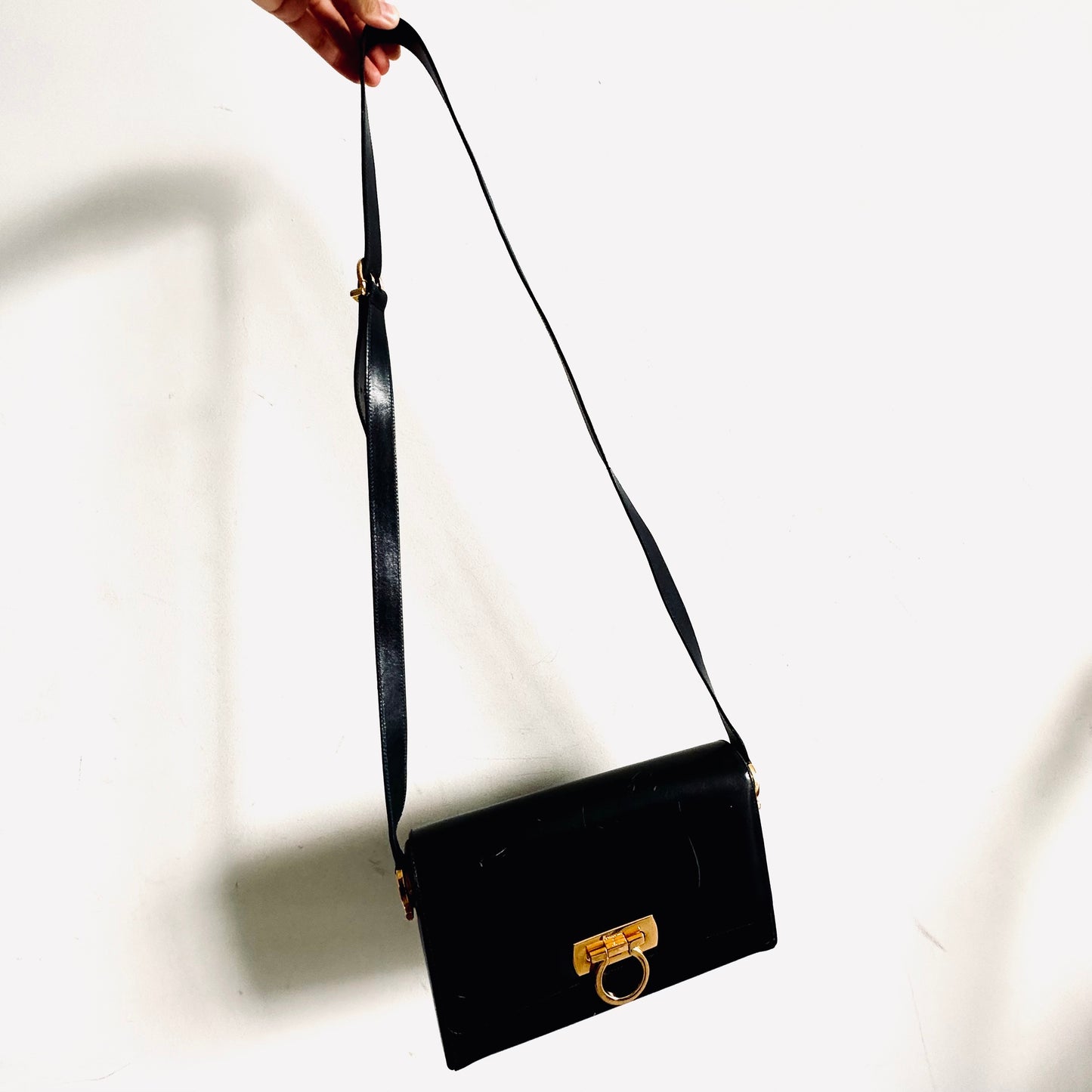 Salvatore Ferragamo Gancini Black GHW Smooth Leather Flap Shoulder Sling Bag