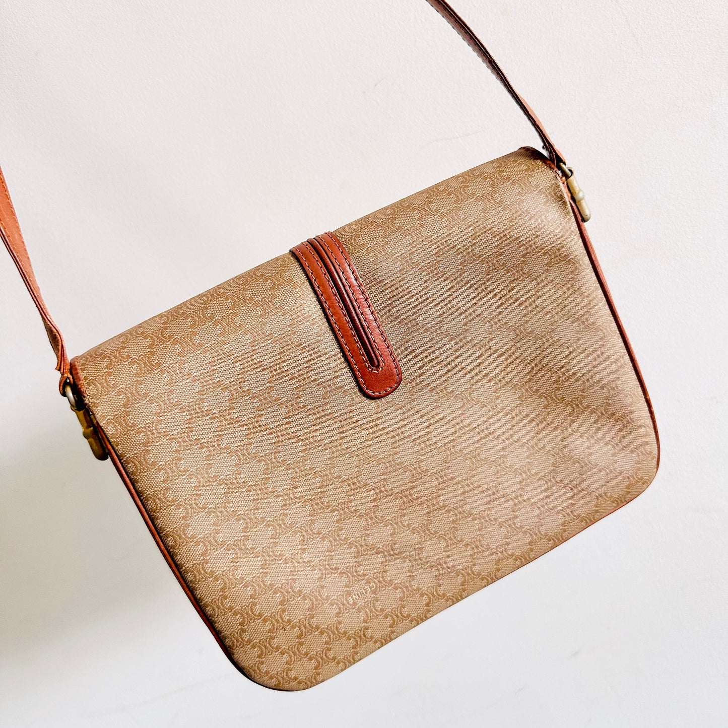 Celine Beige Triomphe Monogram Logo GHW Flap Shoulder Sling Bag