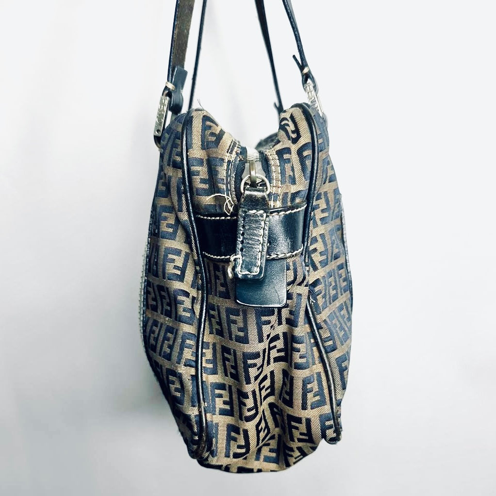 Fendi FF Zucca Navy Blue Monogram Logo Zip Boston Shopper Shoulder Bag