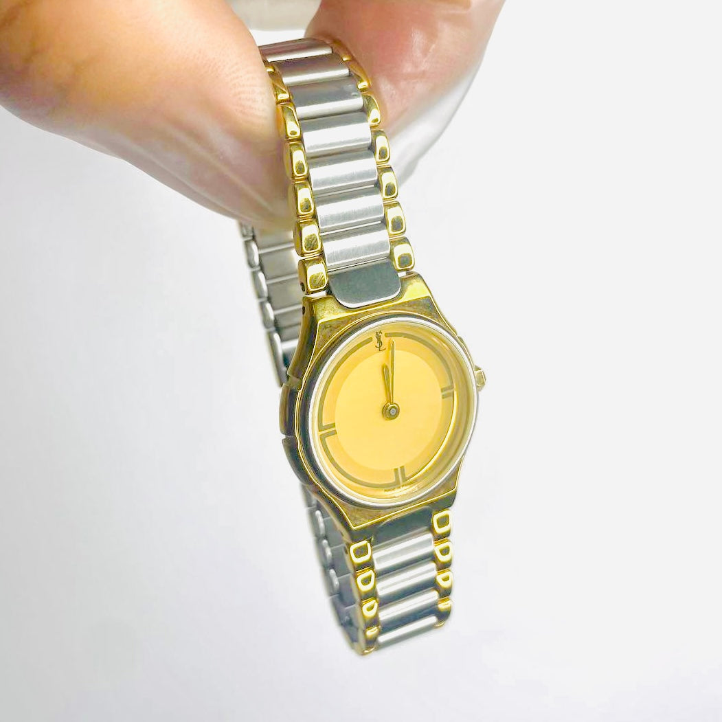 YSL Yves Saint Laurent Gold & Stainless Steel Round Circle Monogram Logo 26MM Quartz Watch