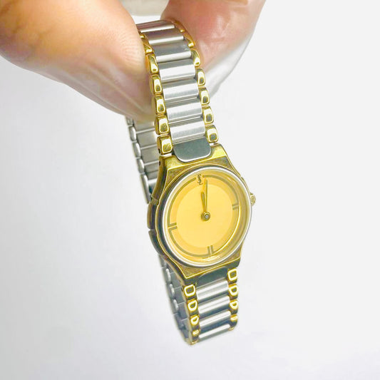 YSL Yves Saint Laurent Gold & Stainless Steel Round Circle Monogram Logo 26MM Quartz Watch