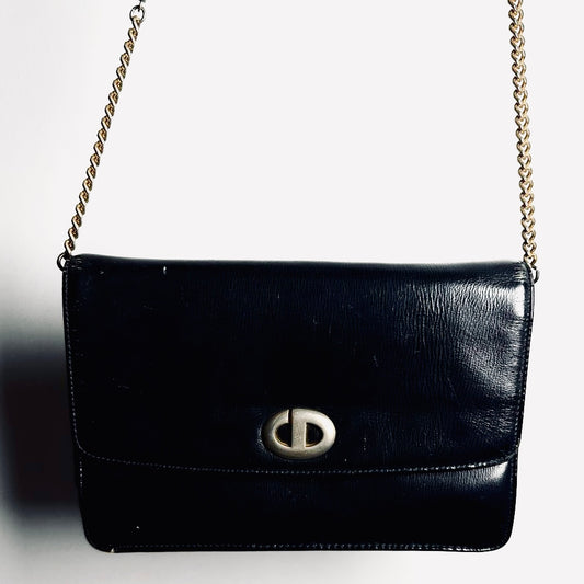 Christian Dior CD Black GHW Monogram Logo Leather Vintage Flap Shoulder Sling Bag