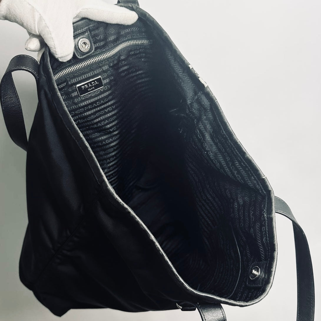 Prada Black Tessuto Classic Logo Nylon Shopper Shoulder Tote Bag
