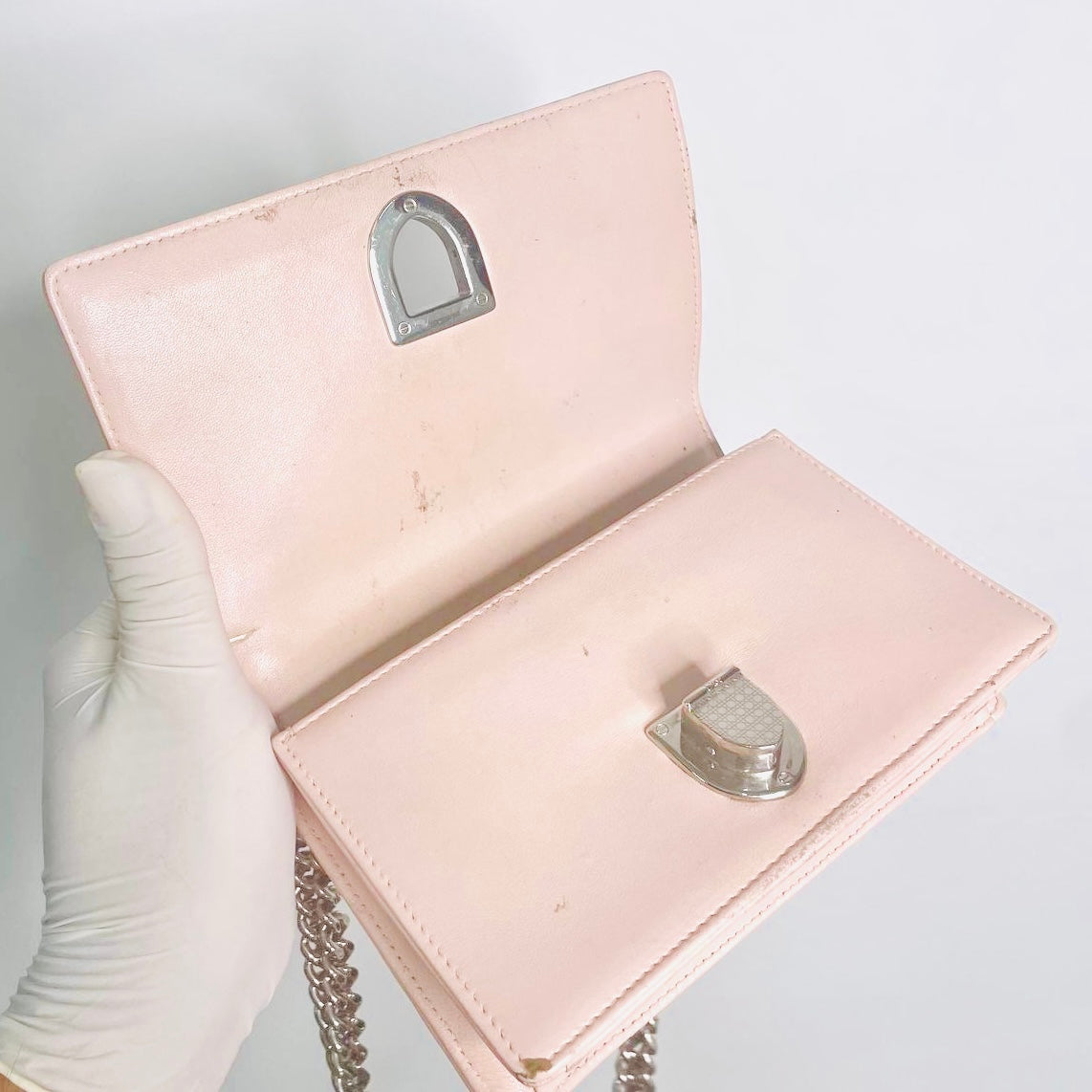 Christian Dior Diorama Pale Pink Monogram Logo Cannage Quilted Leather 2-Way Flap Small Shoulder Sling Chain Bag