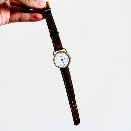 Hermes Clipper Arceau Gold & Stainless Steel Dark Brown Leather Strap 25MM Quartz Watch