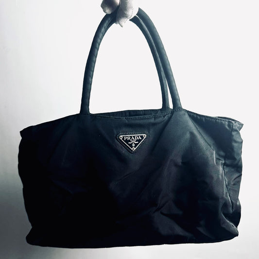 Prada Black Tessuto Classic Monogram Logo Shopper City Nylon Shoulder Tote Bag