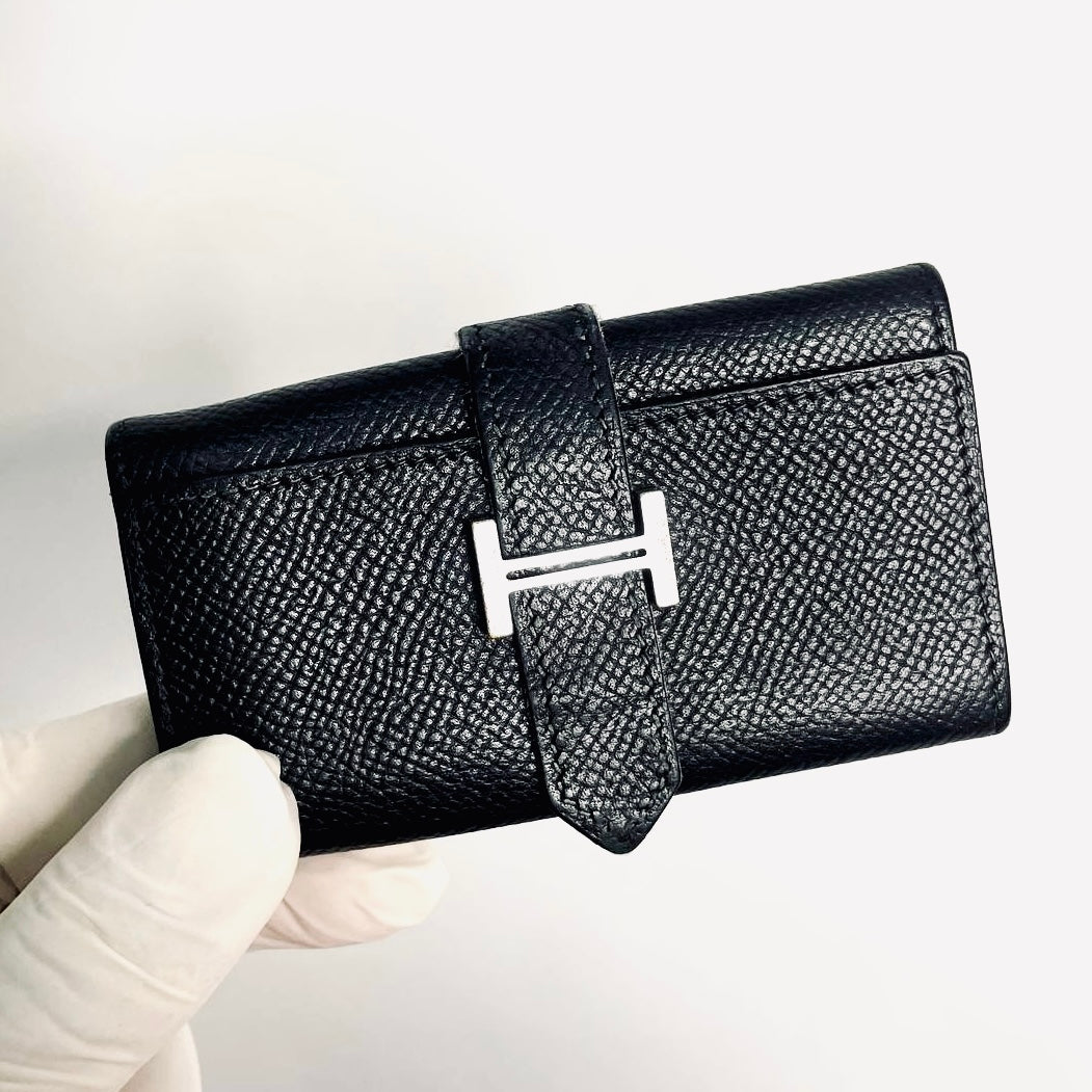Hermes Black Bearn H Monogram Logo Epsom Leather Compact Flap 6 Key Ring Holder Cles Wallet Case