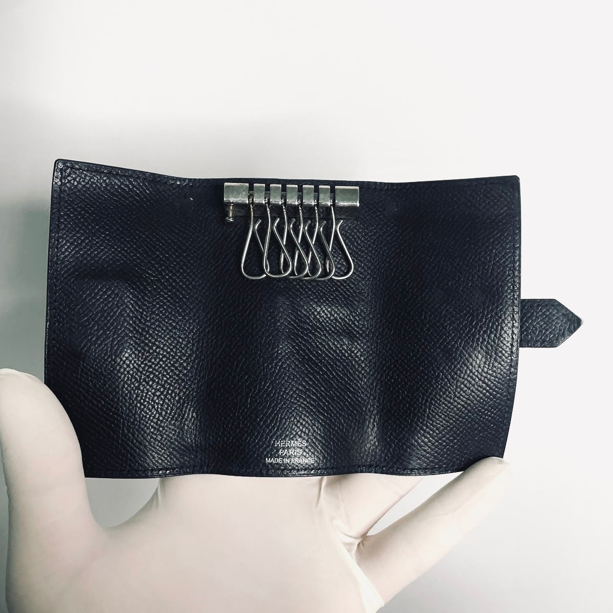 Hermes Black Bearn H Monogram Logo Epsom Leather Compact Flap 6 Key Ring Holder Cles Wallet Case