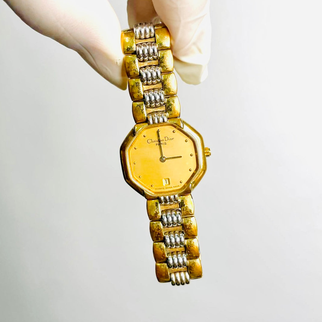Christian Dior CD Gold Dial Monogram Logo Octagon Gold & Silver Stainless Steel Quartz 25MM Watch
