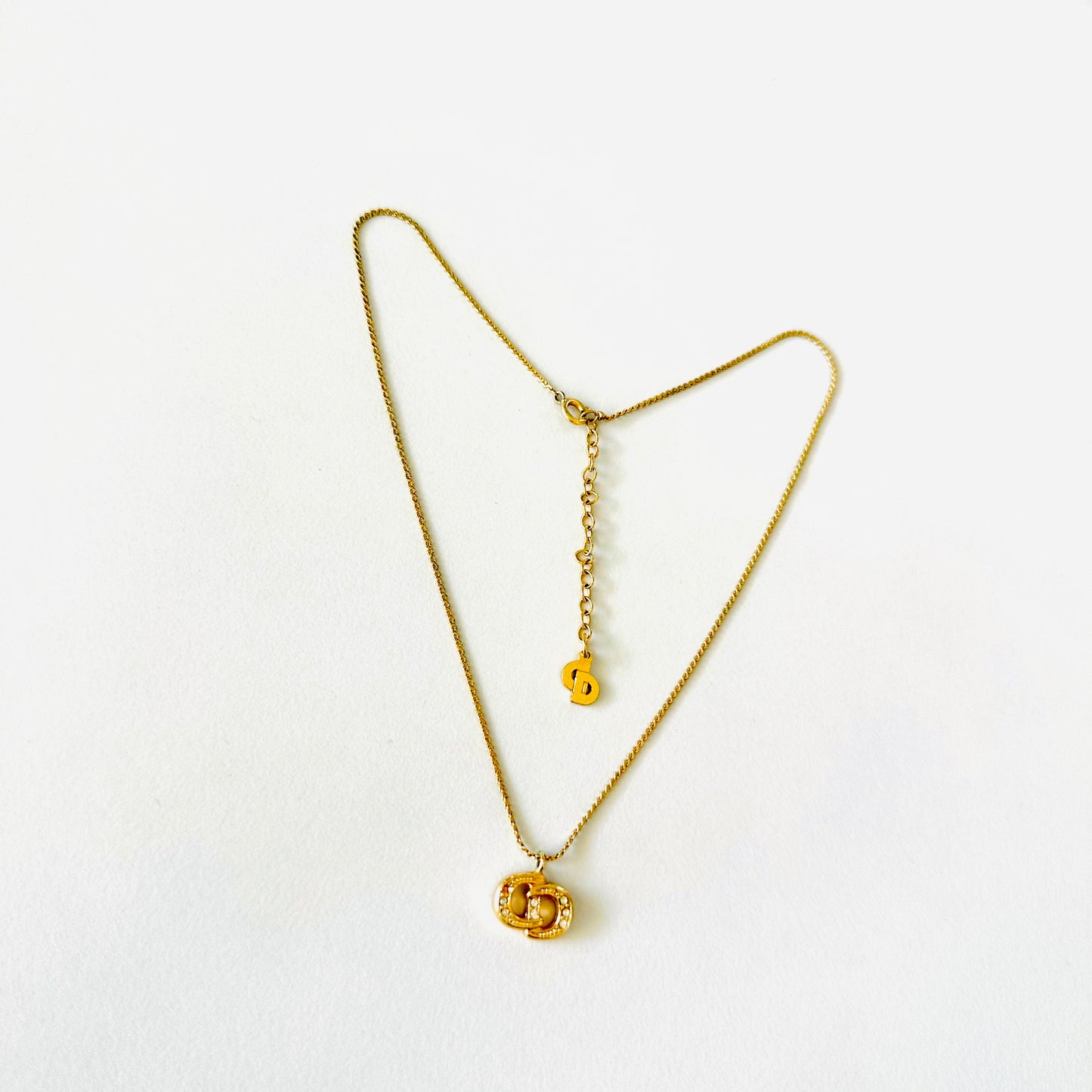 Christian Dior CD Gold & Crystals Monogram Logo Classic Vintage Necklace