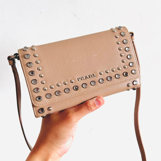 Prada Blush Pink With Studs Saffiano Leather Classic Monogram Logo Flap WOC Shoulder Sling Bag Wallet On Chain