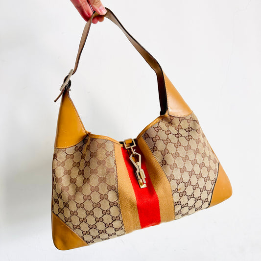 Gucci Jackie Beige GHW GG Monogram Logo Web Striped Baguette Hobo Shoulder Bag