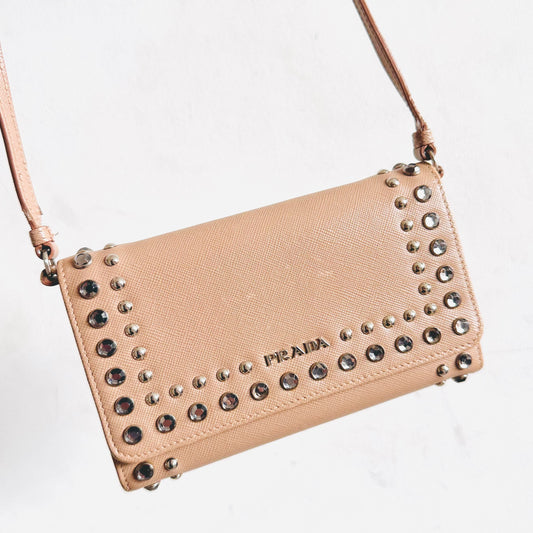 Prada Blush Pink With Studs Saffiano Leather Classic Monogram Logo Flap WOC Shoulder Sling Bag Wallet On Chain