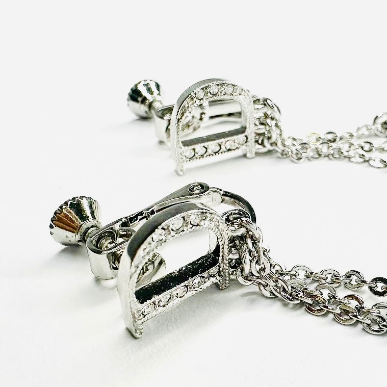 Christian Dior CD Silver & Crystals Giant Monogram Logo Stainless Steel Dangling Stud Earrings