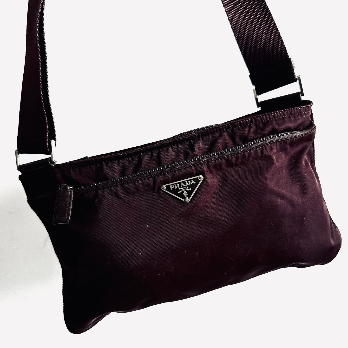 Prada Burgundy Tessuto Logo Classic Nylon & Leather Zip Shoulder Sling Bag