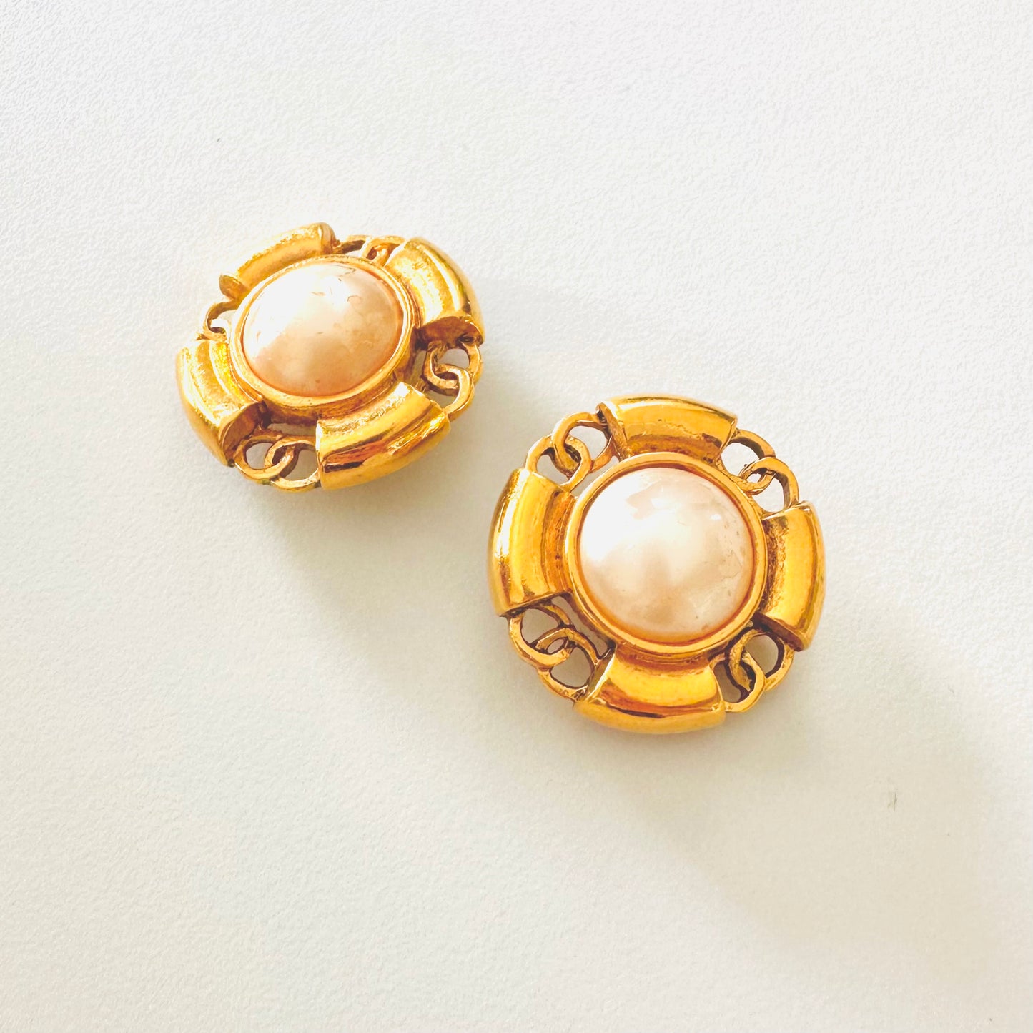 Chanel Large CC Signature Logo Classic Gold & Pearls Clip On Vintage Earrings