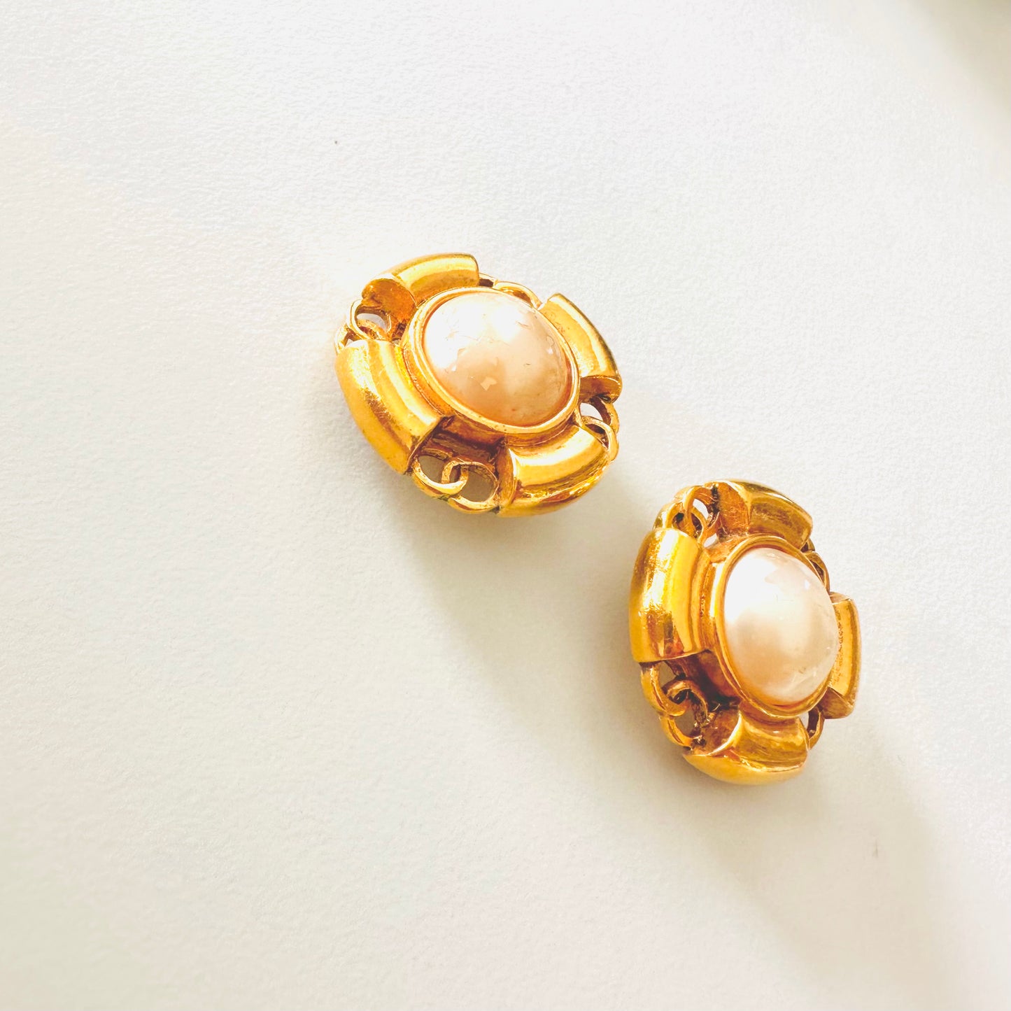 Chanel Large CC Signature Logo Classic Gold & Pearls Clip On Vintage Earrings