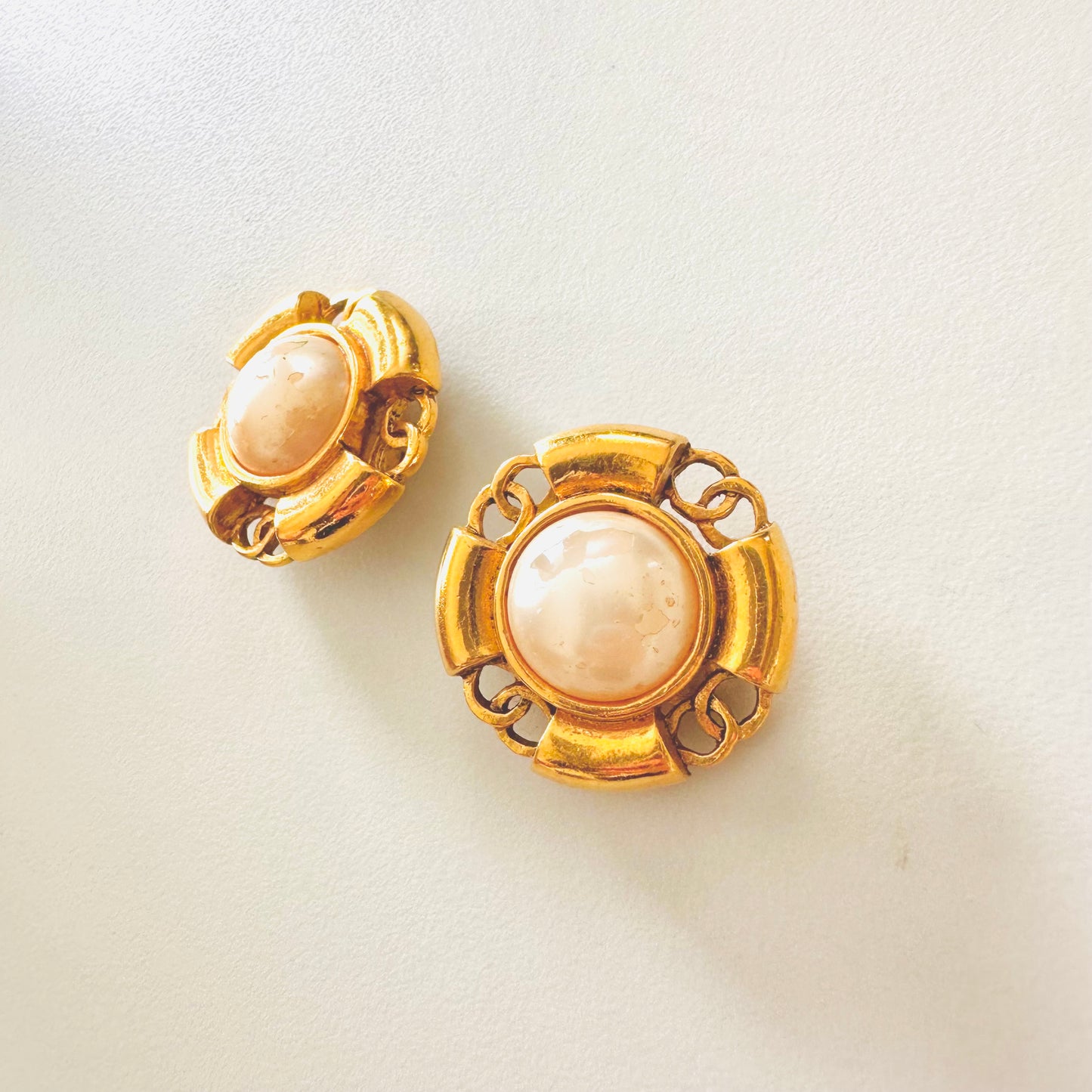 Chanel Large CC Signature Logo Classic Gold & Pearls Clip On Vintage Earrings
