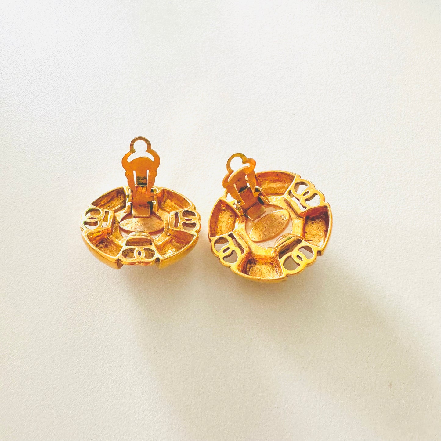 Chanel Large CC Signature Logo Classic Gold & Pearls Clip On Vintage Earrings