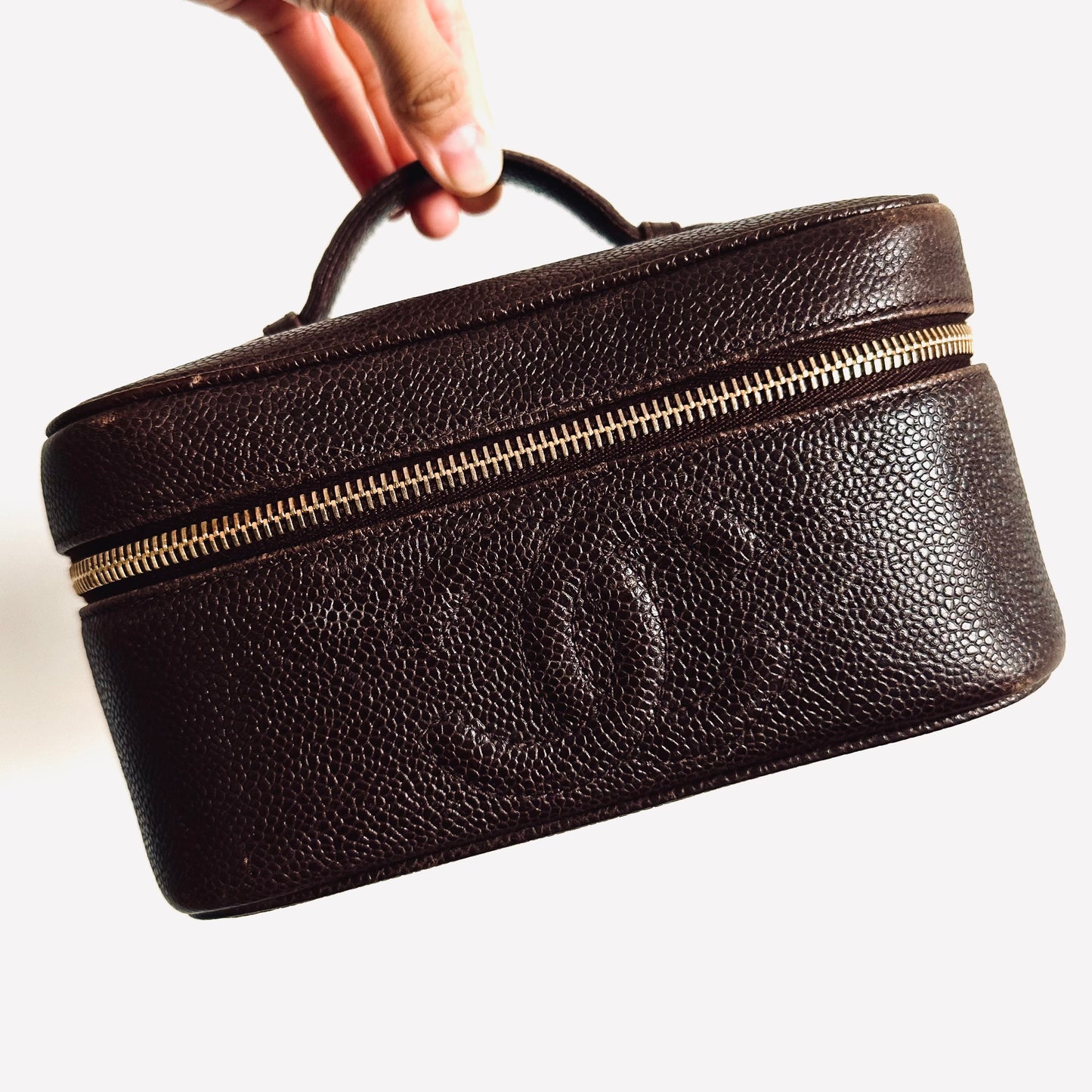 Chanel Dark Brown GHW Caviar Giant CC Logo Wide Horizontal Vanity Case Vintage Top Handle Bag 2s