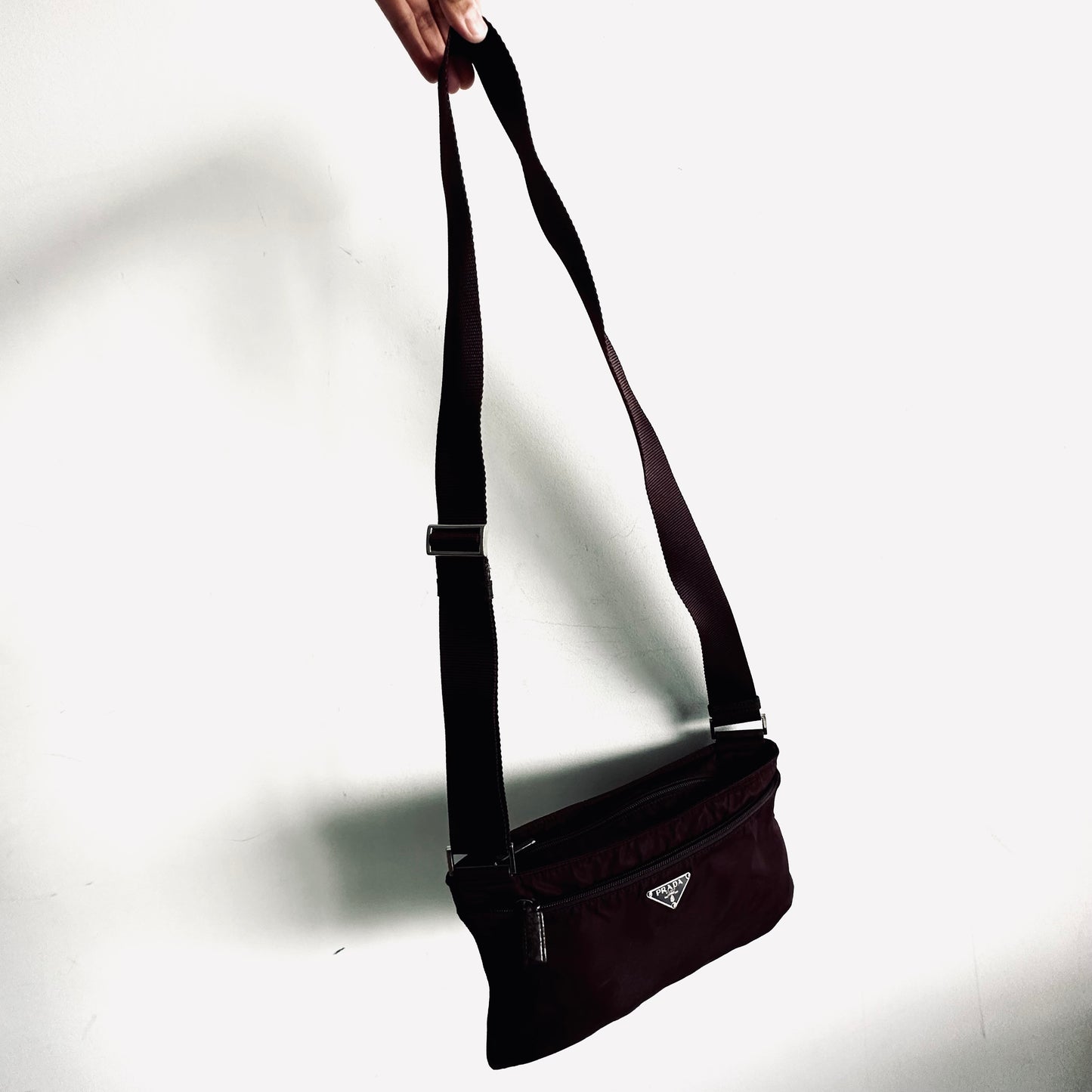Prada Burgundy Tessuto Logo Classic Nylon & Leather Zip Shoulder Sling Bag