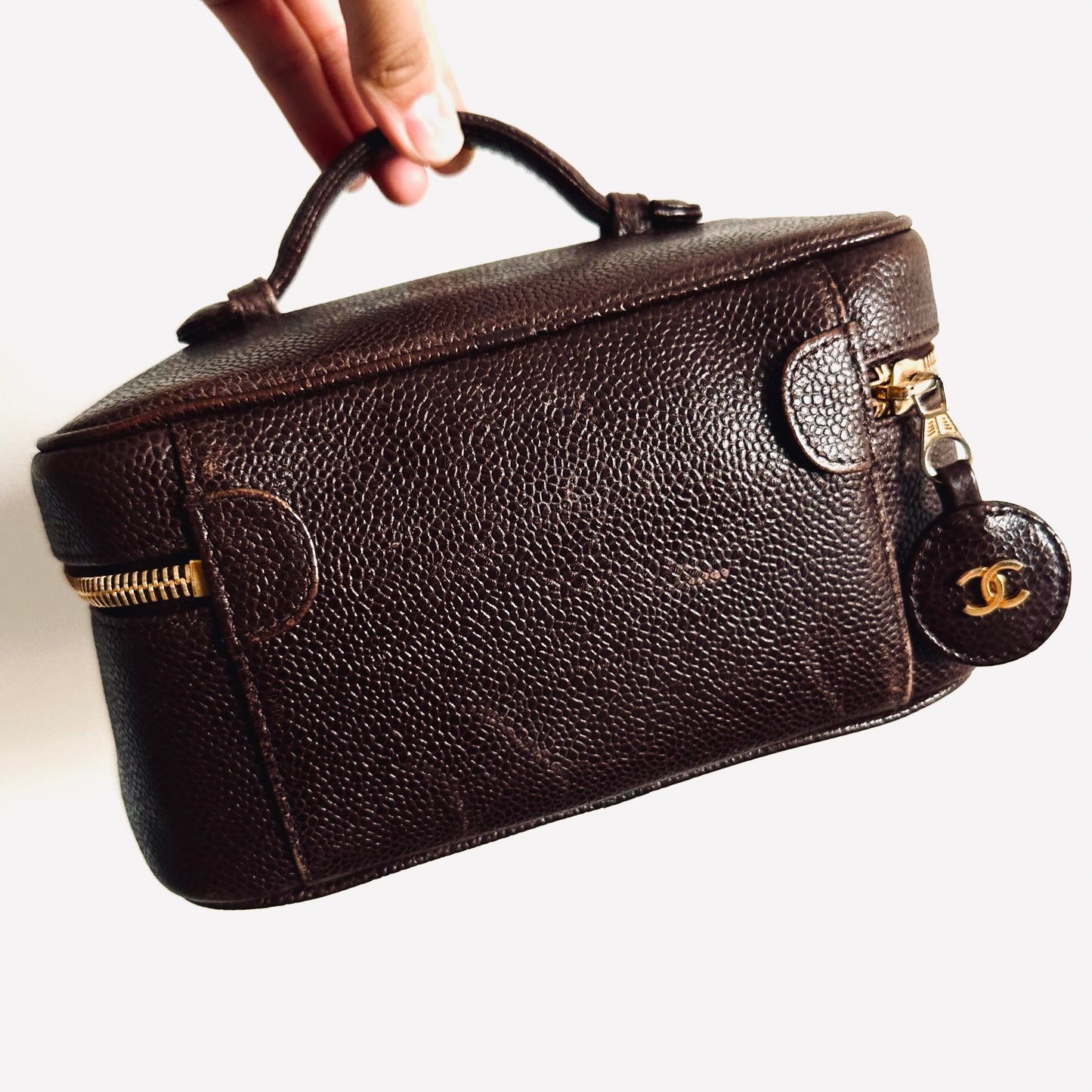 Chanel Dark Brown GHW Caviar Giant CC Logo Wide Horizontal Vanity Case Vintage Top Handle Bag 2s
