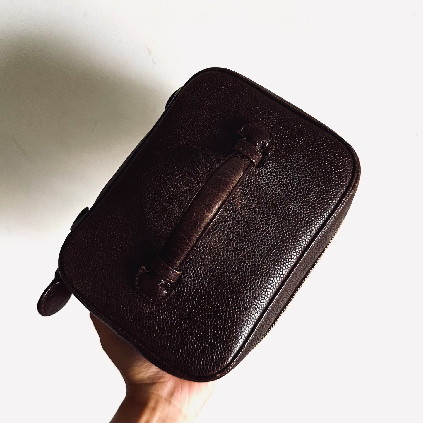 Chanel Dark Brown GHW Caviar Giant CC Logo Wide Horizontal Vanity Case Vintage Top Handle Bag 2s