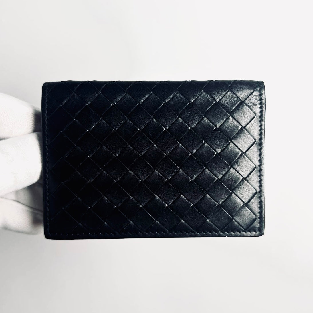 Bottega Veneta BV Black Intrecciato Nappa Woven Leather Compact Flap Bifold Wallet