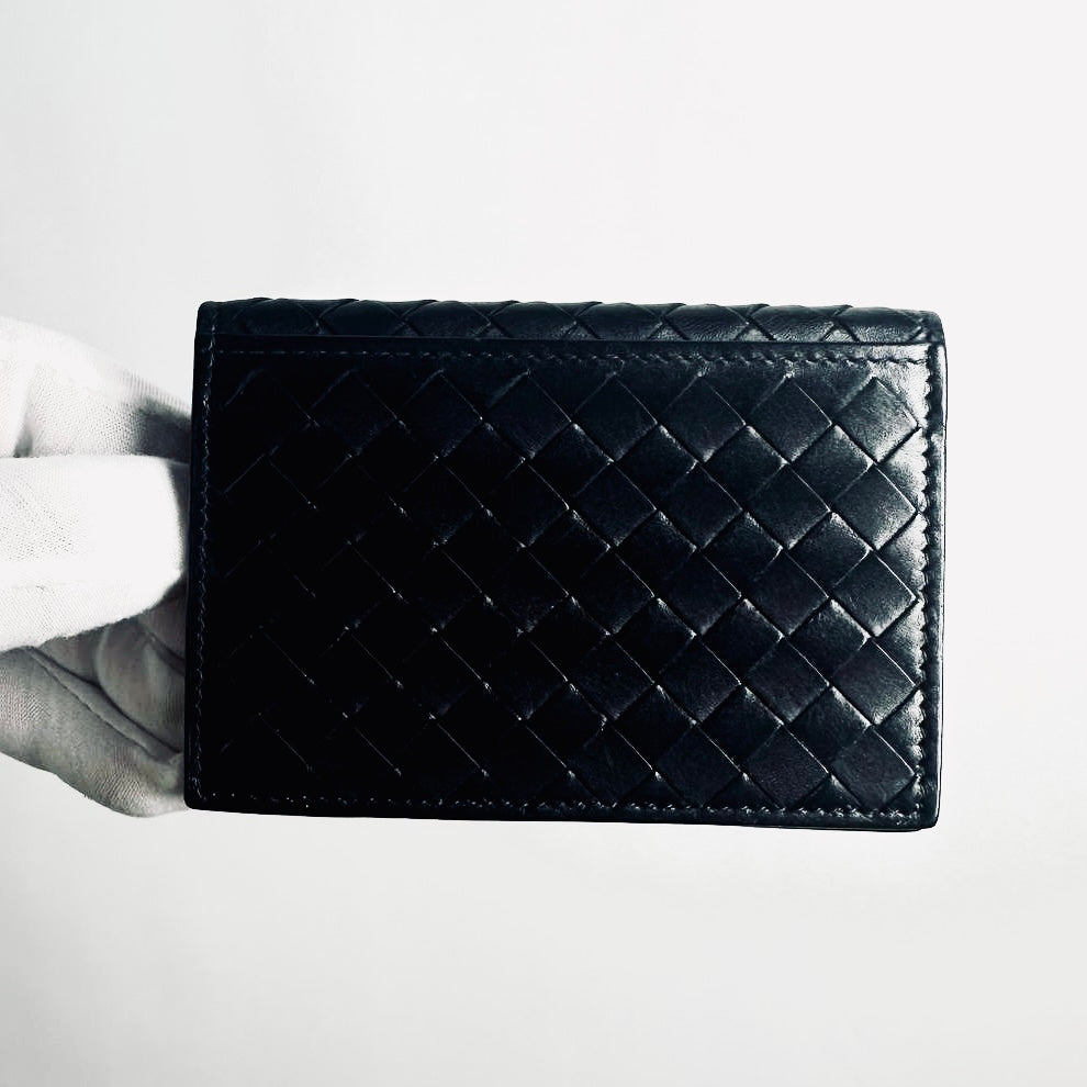Bottega Veneta BV Black Intrecciato Nappa Woven Leather Compact Flap Bifold Wallet