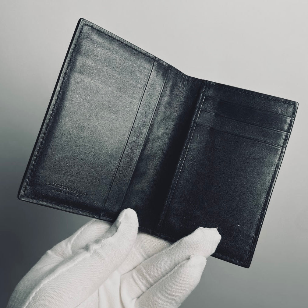 Bottega Veneta BV Black Intrecciato Nappa Woven Leather Compact Flap Bifold Wallet