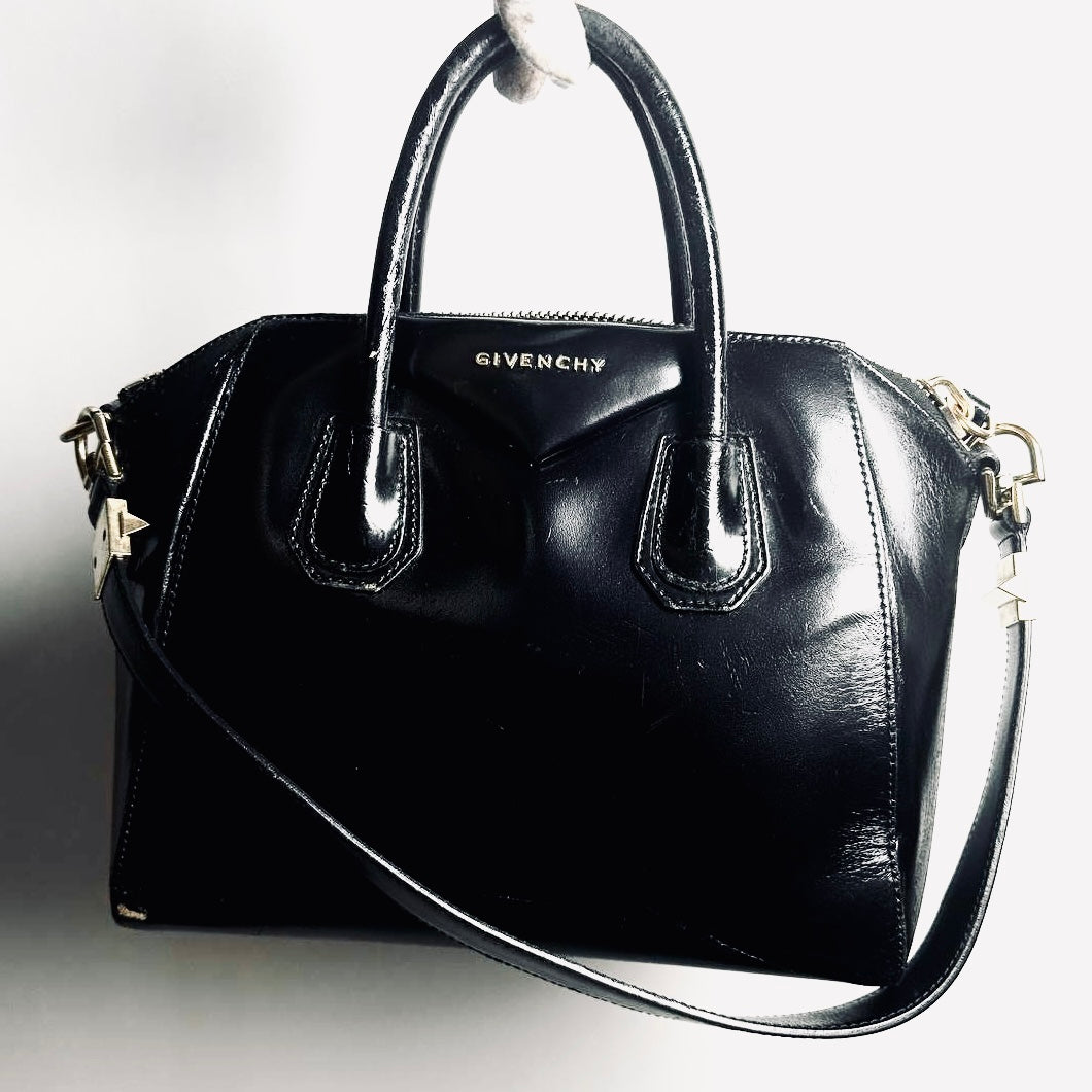 Givenchy Black GHW Small Antigona Shiny Calfskin Leather Monogram Logo 2-Way Top Handle Shoulder Sling Bag