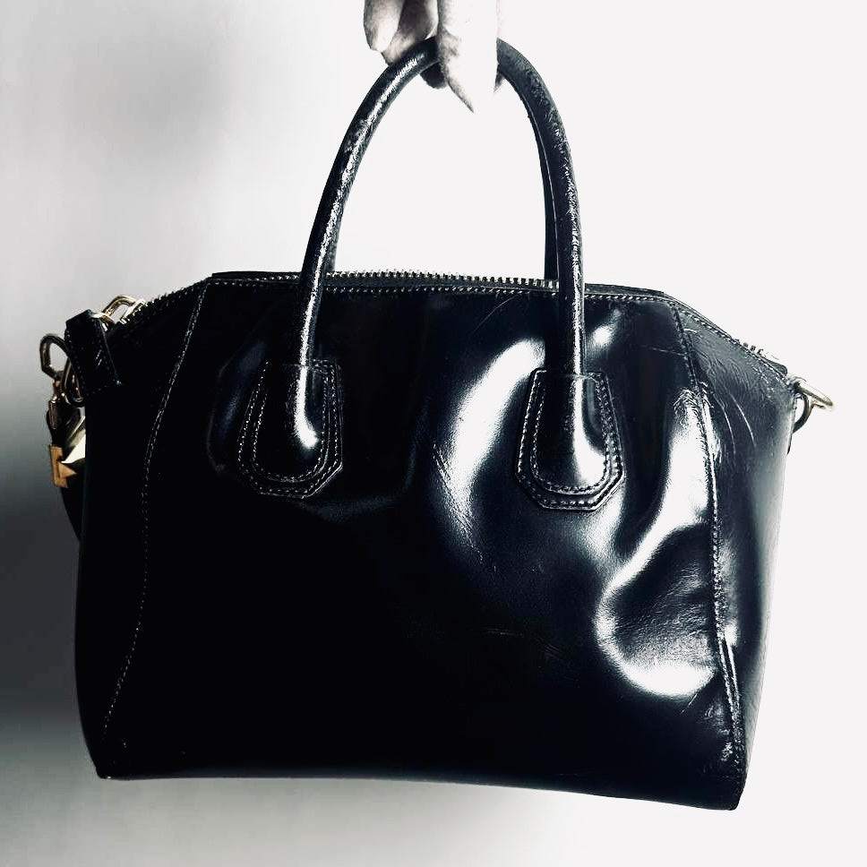 Givenchy Black GHW Small Antigona Shiny Calfskin Leather Monogram Logo 2-Way Top Handle Shoulder Sling Bag